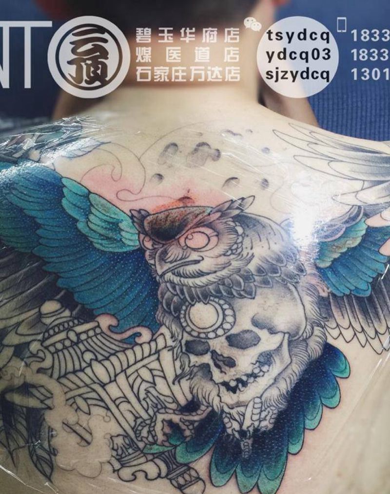 猫头鹰 未完待续纹身图片_成品背部欧美动物原创纹身图案