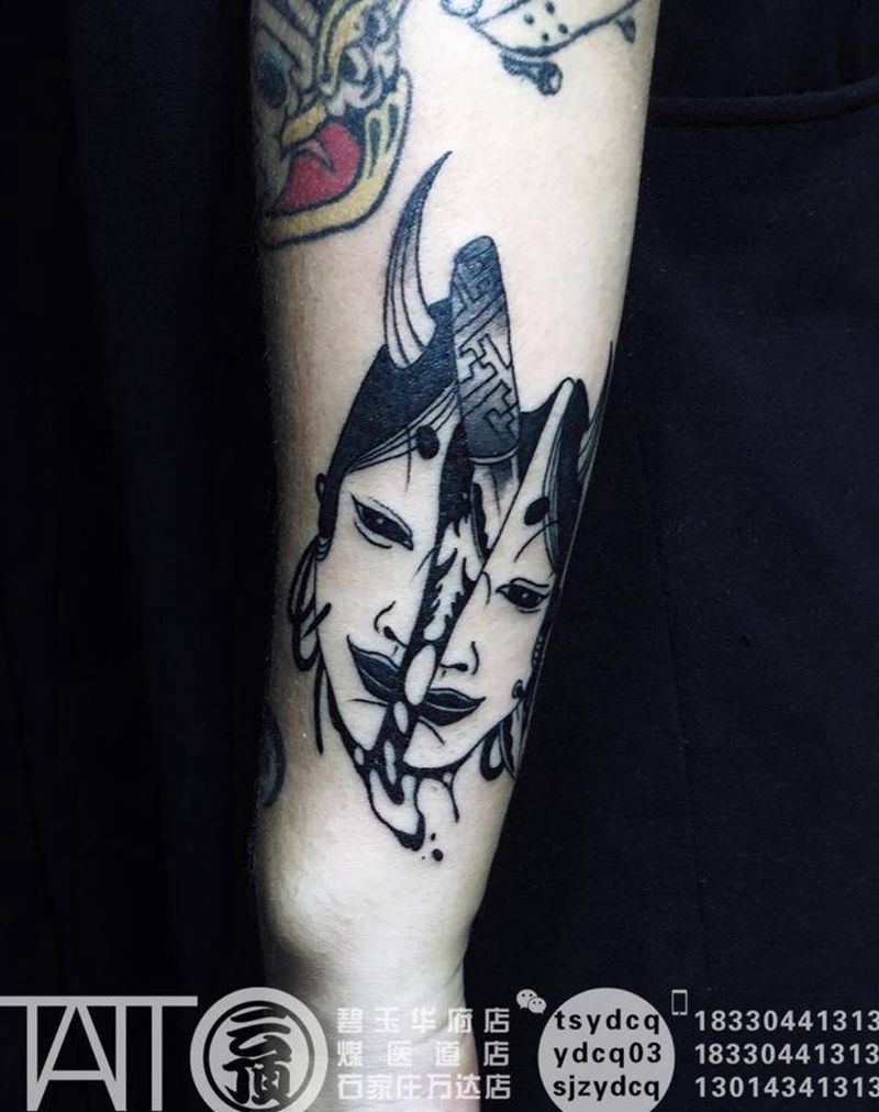 花臂拼接-生首纹身图片_手臂成品宗教鬼神原创人物传统纹身图案