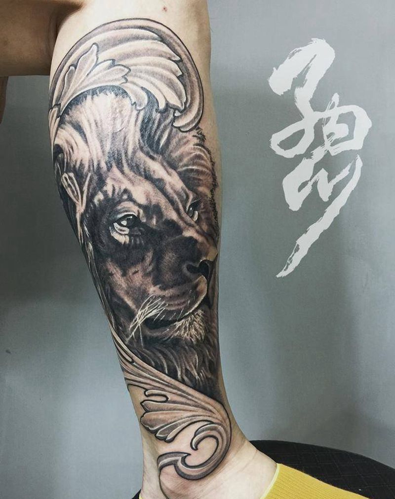 大西几纹身图片_成品腿部欧美写实动物原创黑白纹身图案