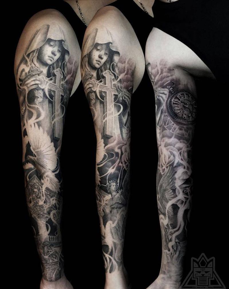 欧美花臂纹身图片_成品手臂欧美写实肖像人物宗教鬼神静物植物纹身图案