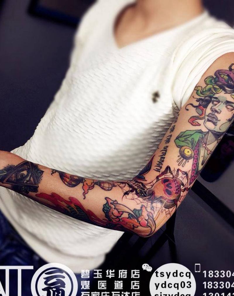欧美花臂拼接纹身图片_成品手臂欧美动物植物原创纹身图案