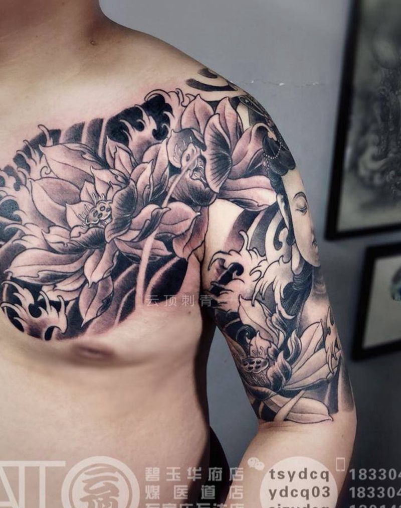 半胛纹身图片_成品手臂胸部传统原创宗教人物植物纹身图案