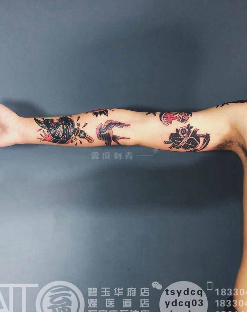 欧美花臂拼接纹身图片_成品手臂欧美肖像习俗人物动物植物原创鬼神纹身图案