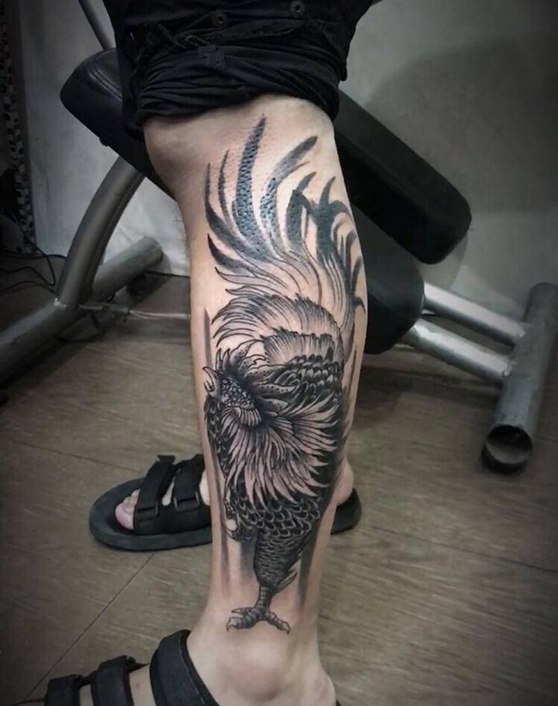 鸡纹身图片_腿部纹身图案