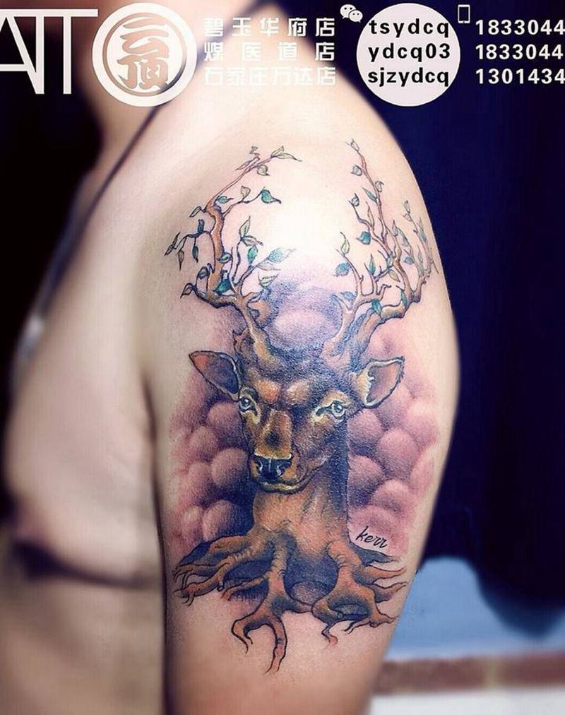 鹿 完美覆盖老纹身纹身图片_成品手臂欧美动物原创纹身图案
