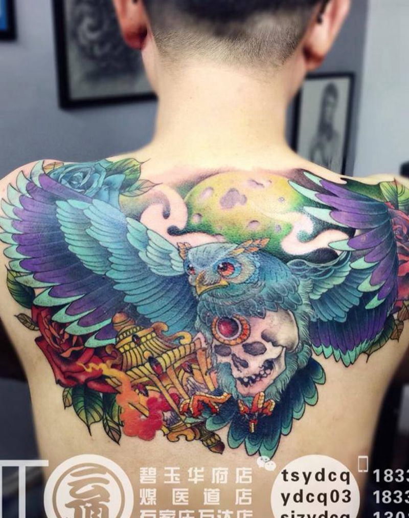 school猫头鹰纹身图片_成品背部欧美原创动物植物静物纹身图案