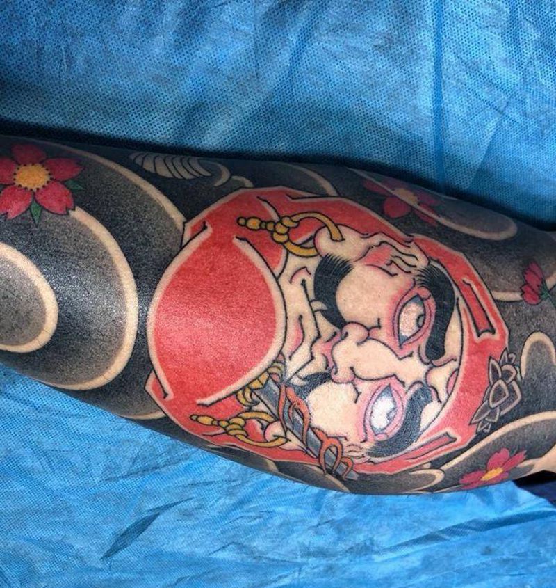 达摩纹身图片_腿部老传统纹身图案