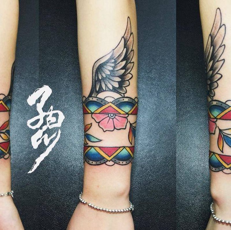 手环纹身图片_成品手臂欧美植物图腾school纹身图案