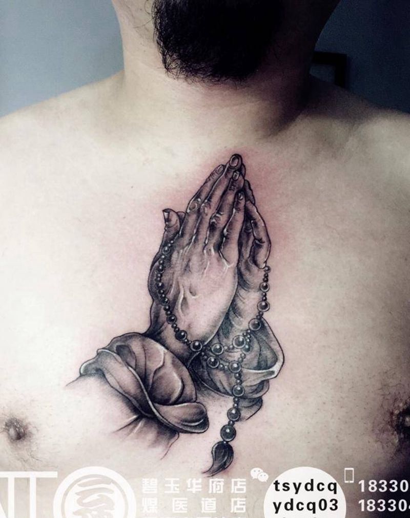 祈祷之手纹身图片_成品胸部欧美写实人物原创宗教纹身图案