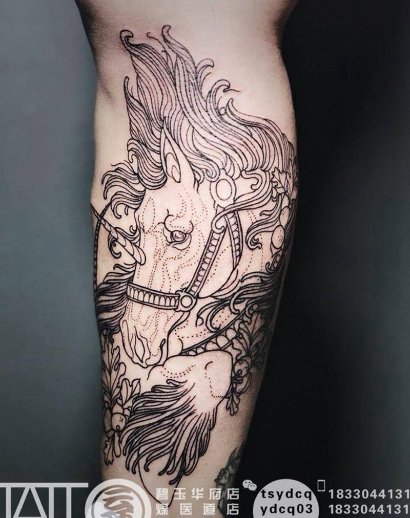 独角兽 割线完成纹身图片_成品腿部欧美动物原创纹身图案