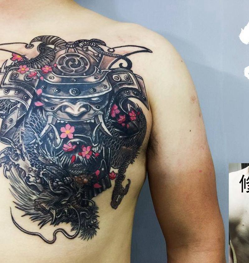 遮盖 鬼武士与龙纹身图片_成品胸部传统肖像鬼神宗教遮盖日式新派纹身图案