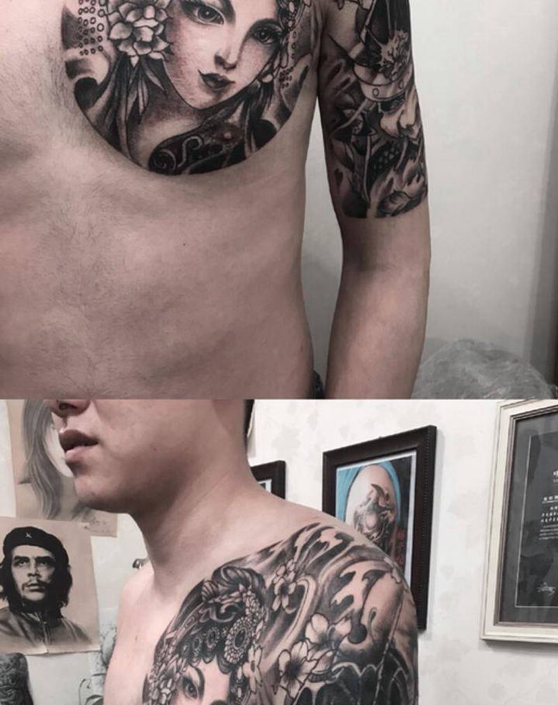 半甲纹身图片_胸部手臂纹身图案