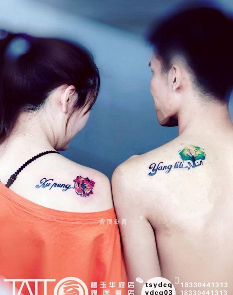 情侣款纹身图片_成品肩部欧美清新植物字符原创纹身图案