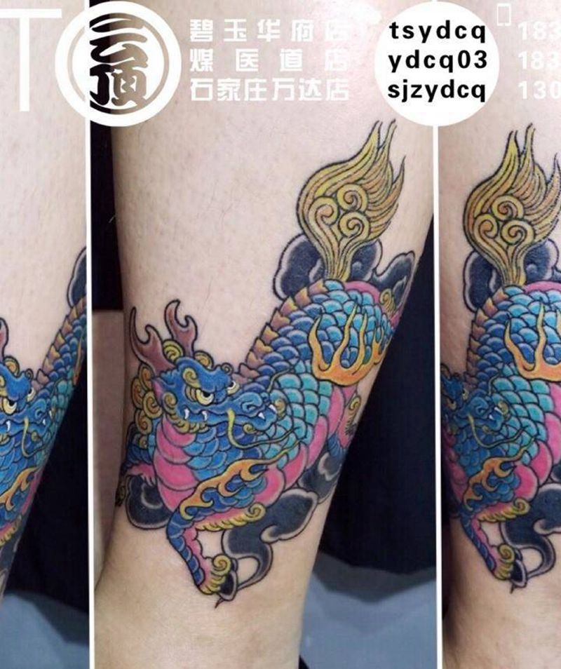 麒麟纹身图片_成品腿部传统动物宗教鬼神纹身图案