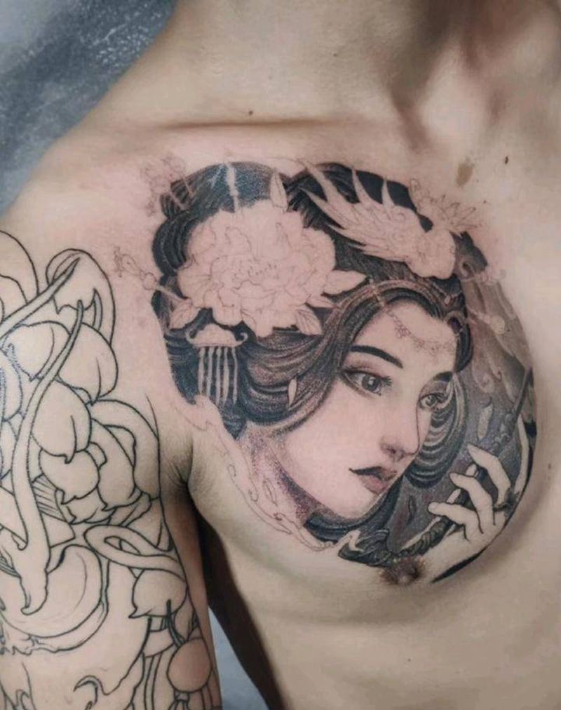 艺妓纹身图片_胸部新传统艺妓纹身图案