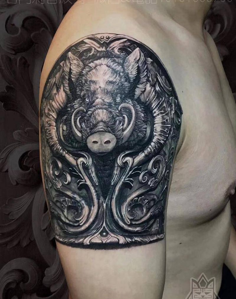 野猪护甲纹身图片_手臂欧美写实野猪盔甲纹身纹身图案