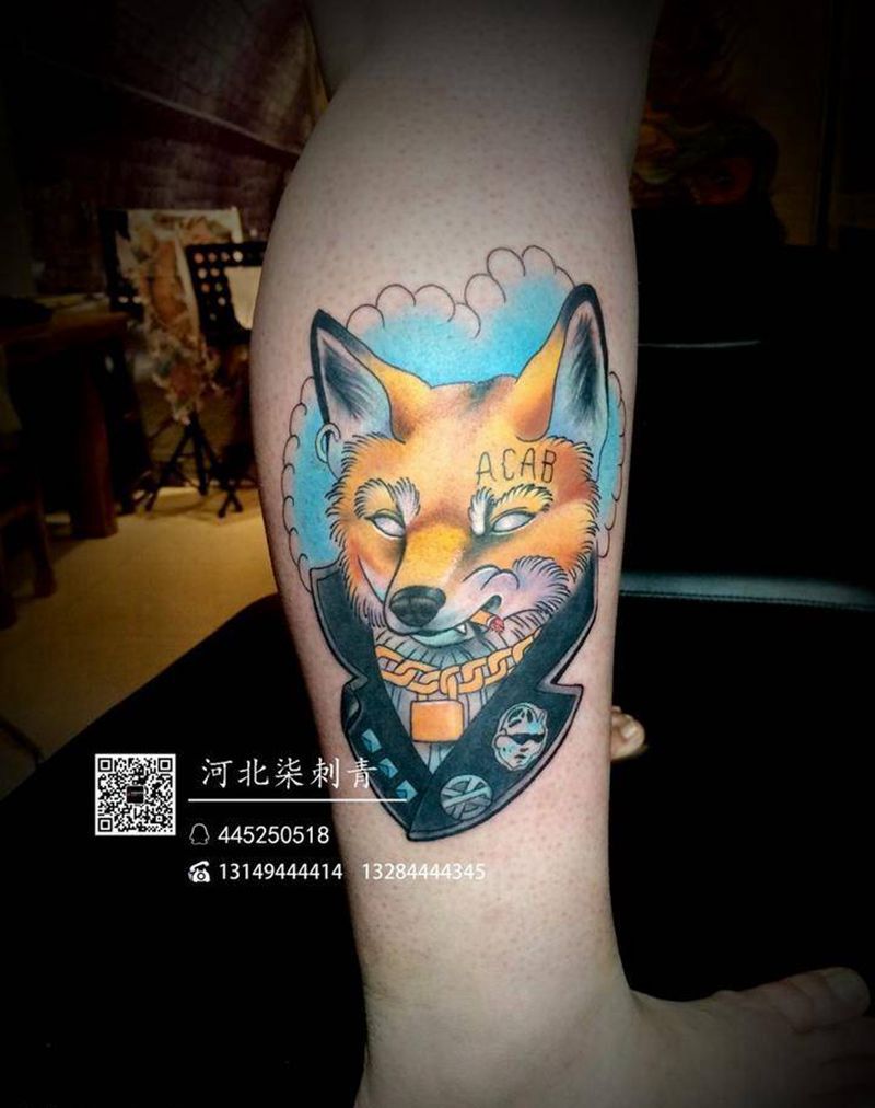 狐狸纹身图片_成品腿部欧美动物纹身图案
