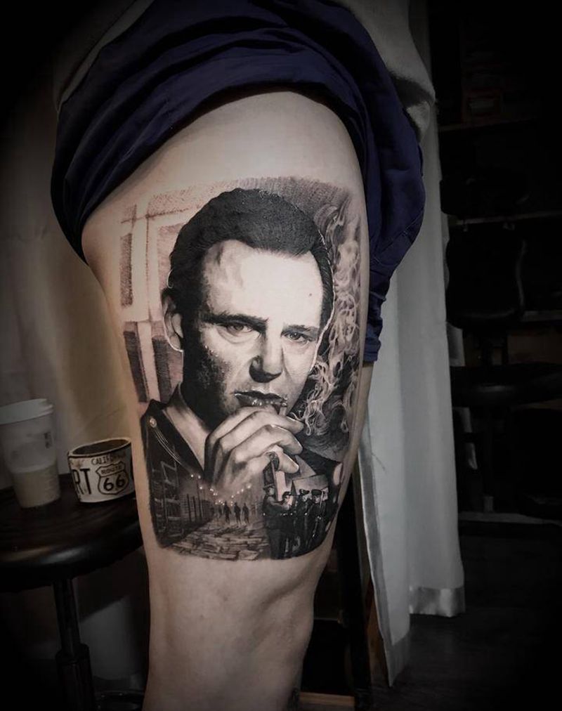 辛德勒名单纹身图片_成品腿部欧美肖像写实人物纹身图案