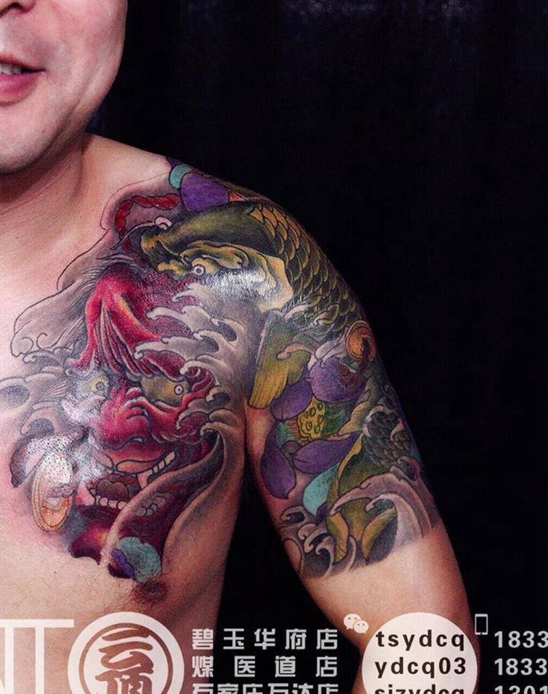 传统风格半胛纹身图片_成品手臂胸部传统宗教鬼神原创动物纹身图案