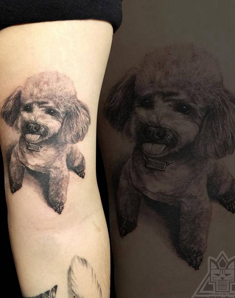 泰迪肖像纹身图片_成品手臂欧美肖像写实动物纹身图案