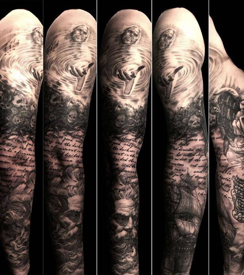 写实花臂纹身图片_成品手臂欧美写实肖像人物鬼神宗教静物字符纹身图案