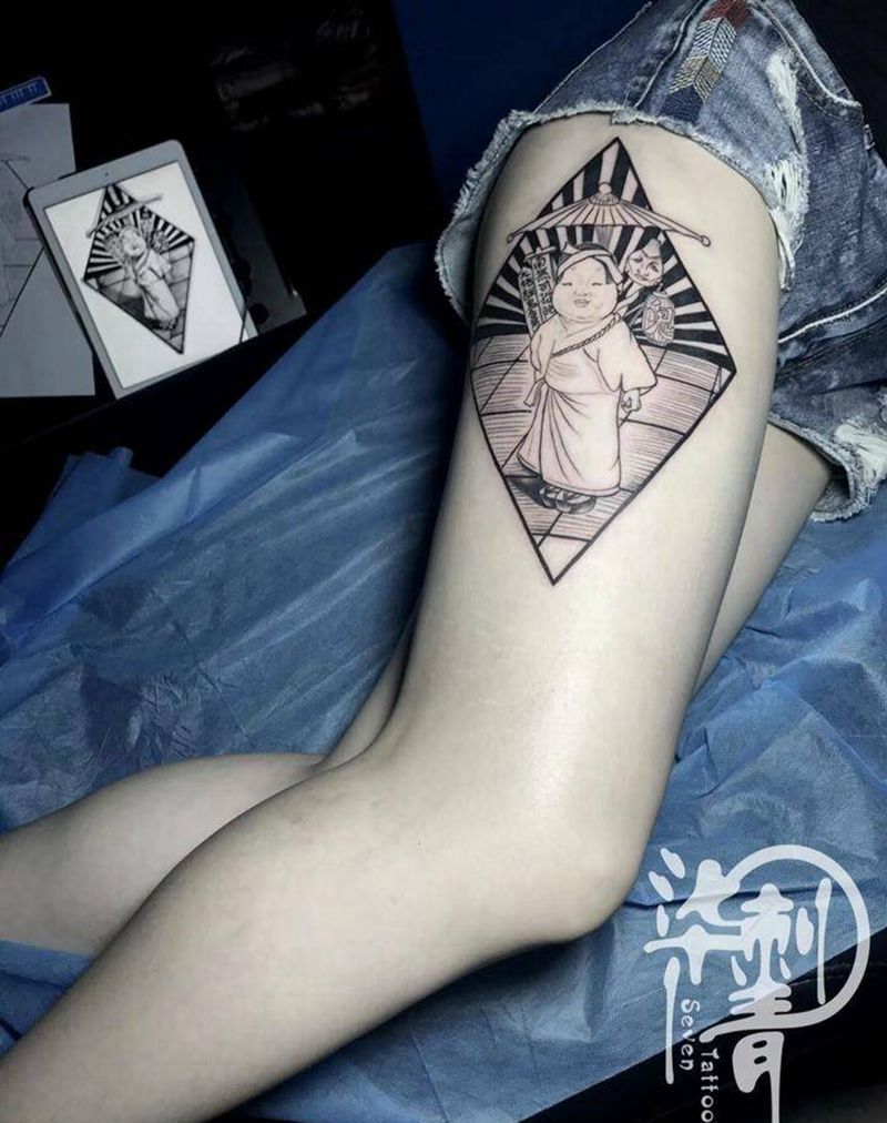捉鬼师纹身图片_成品插画腿部欧美传统习俗清新人物鬼神宗教纹身图案