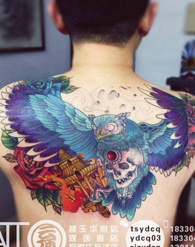 school 猫头鹰纹身图片_成品背部欧美动物原创植物静物纹身图案