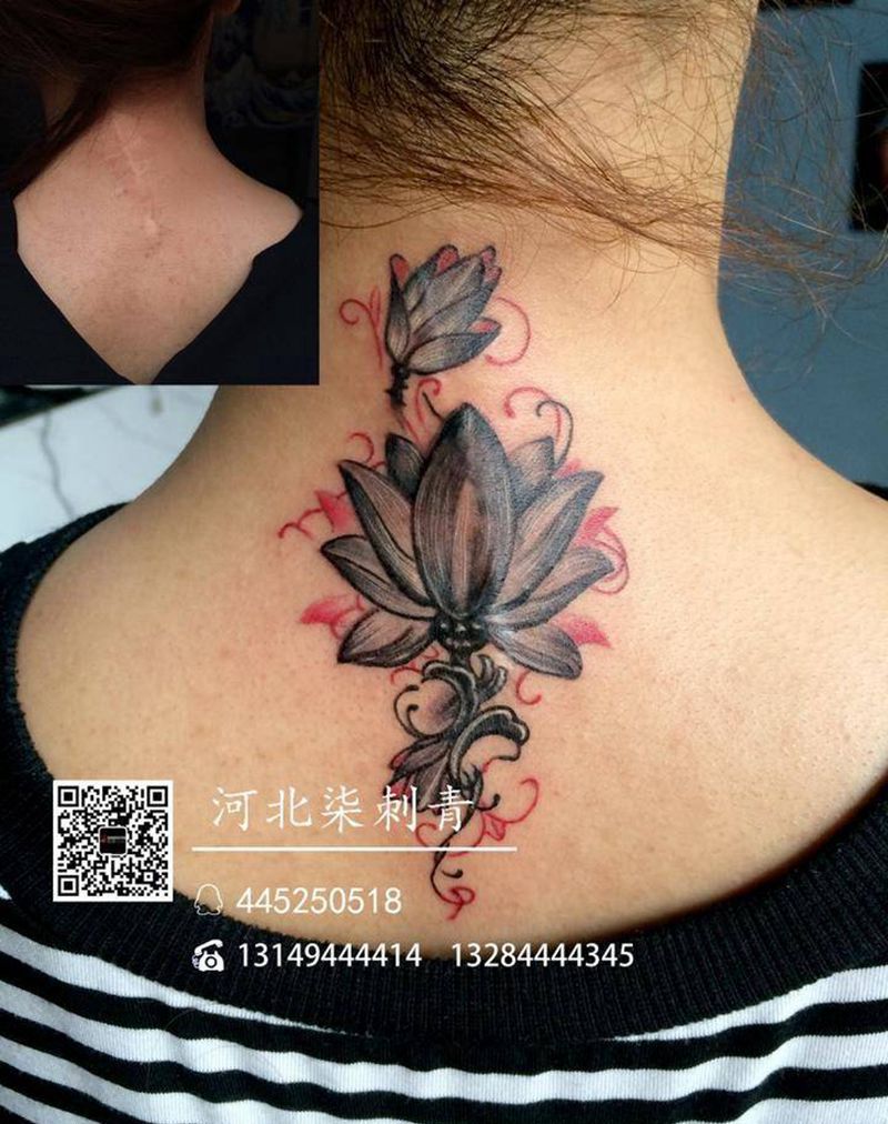 遮盖疤痕纹身图片_成品颈部传统植物纹身图案