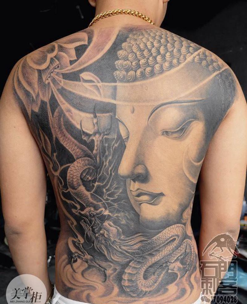 佛头纹身图片_传统写实宗教人物鬼神背部纹身图案