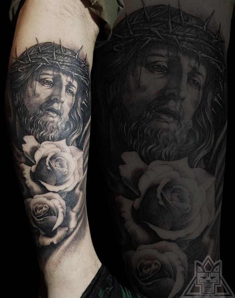 小腿纹身图片_成品腿部欧美写实肖像人物宗教植物静物纹身图案