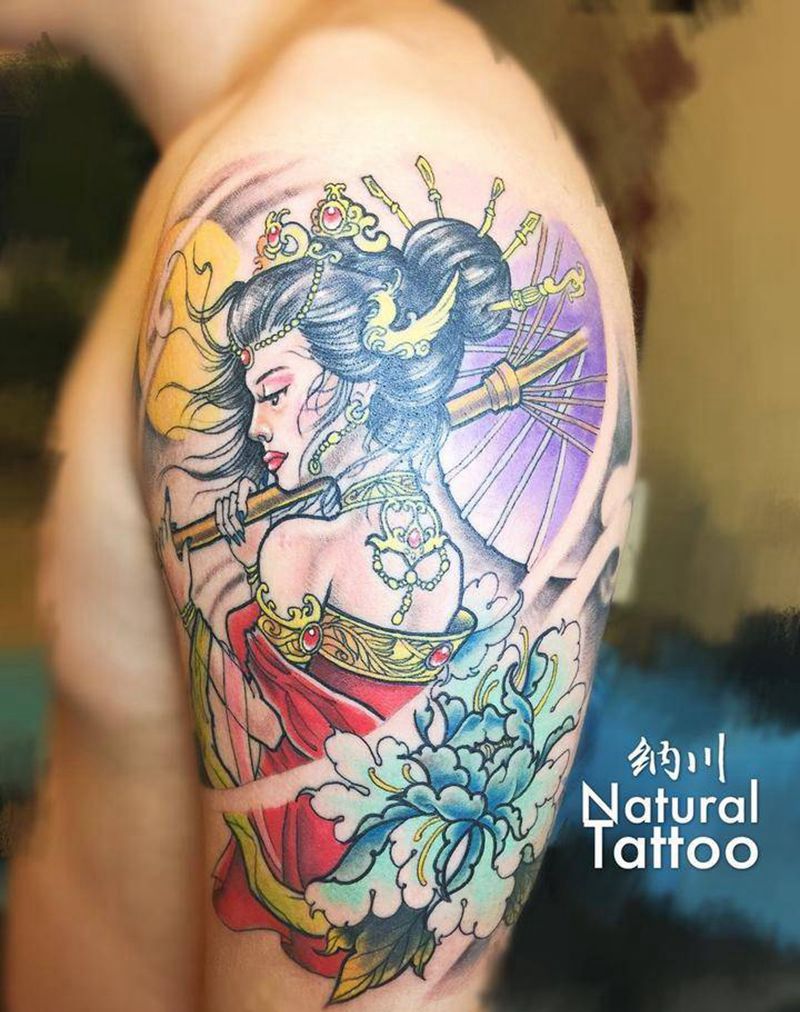 艺妓纹身图片_成品手臂传统肖像人物植物纹身图案