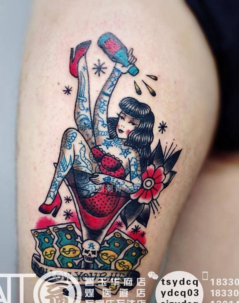 old school女郎纹身图片_腿部Old School女郎纹身图案