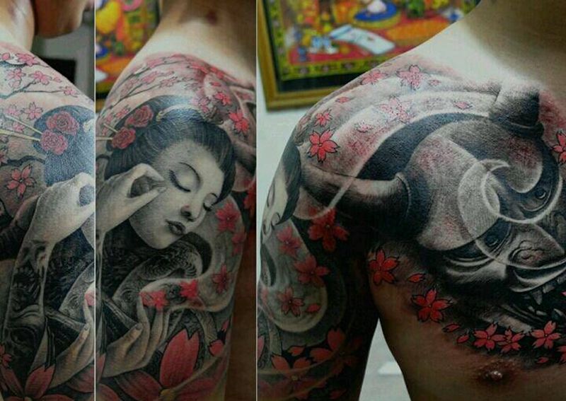 艺伎般若半甲纹身图片_传统写实胸部手臂人物鬼神原创半甲前胸纹身图案