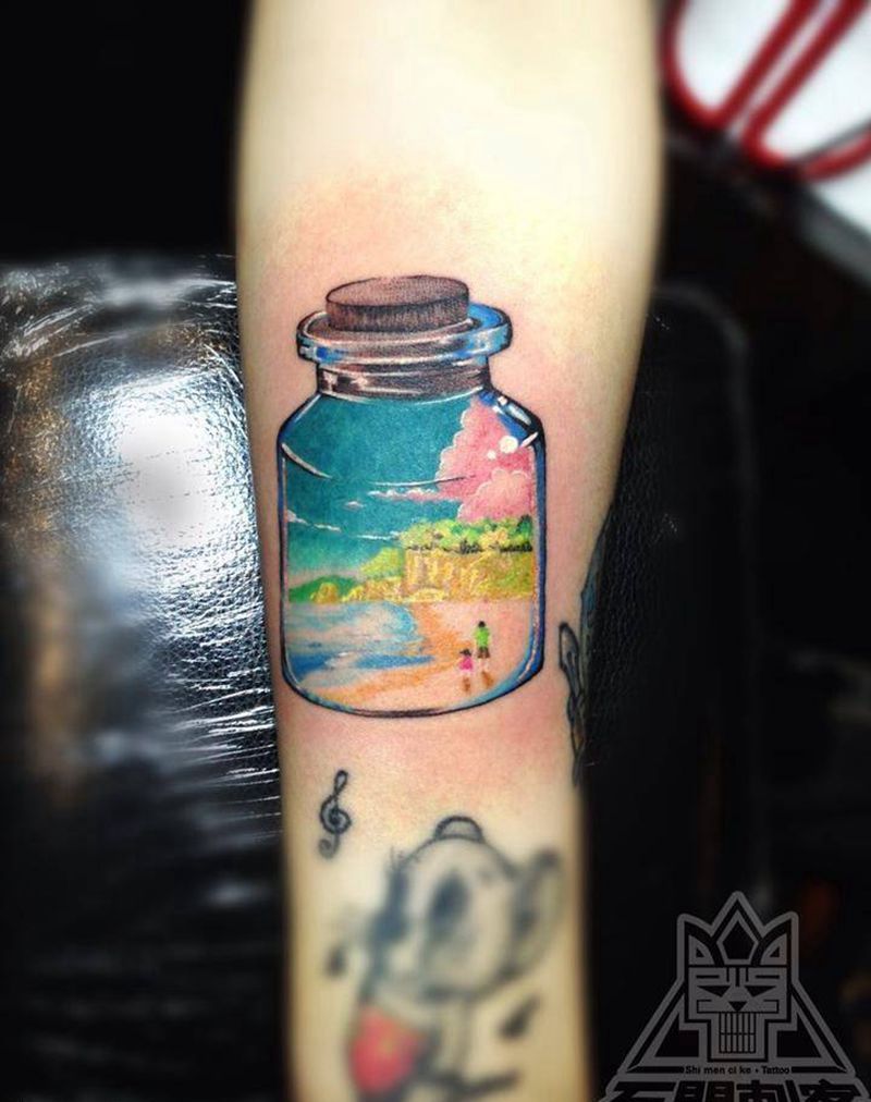 瓶子纹身图片_成品手臂欧美写实清新几何人物原创纹身图案