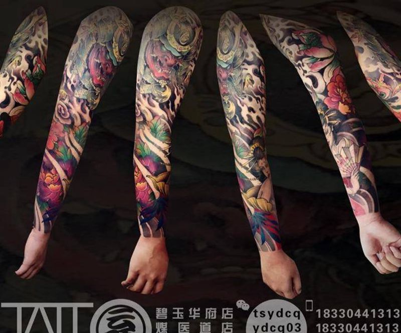传统花臂拼接纹身图片_手臂新传统鬼武士 艺妓纹身图案