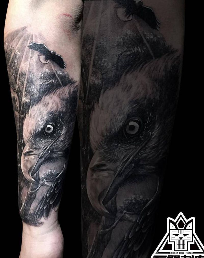 鹰纹身图片_成品手臂欧美写实肖像动物纹身图案