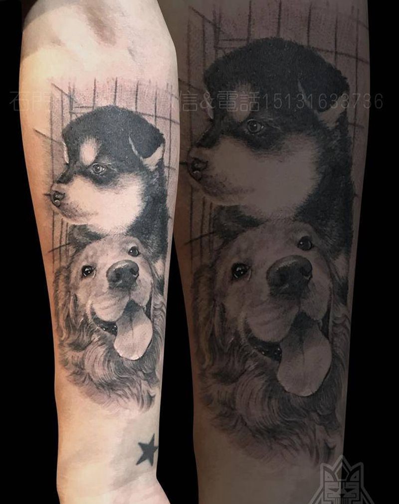 小阿拉与大金毛纹身图片_成品手臂欧美写实肖像动物纹身图案