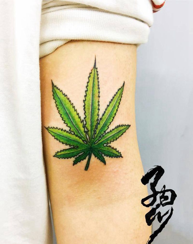 麻叶纹身图片_成品手臂欧美清新植物原创重彩卡通纹身图案