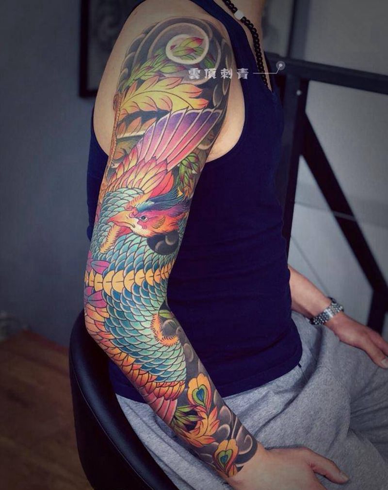 凤凰花臂纹身图片_成品手臂传统鬼神动物宗教原创纹身图案