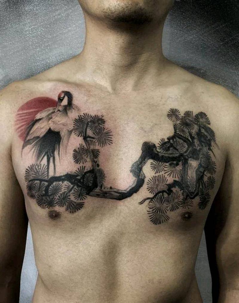 松与鹤纹身图片_胸部水墨新传统仙鹤纹身图案