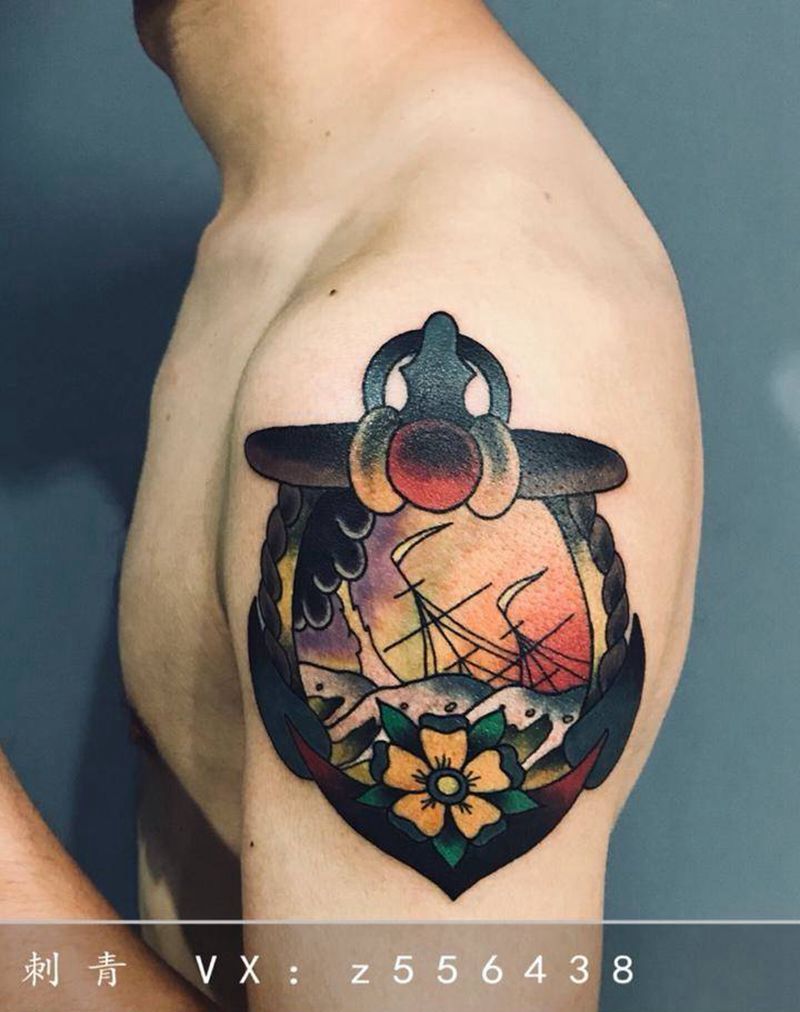 船锚纹身图片_手臂Old School纹身图案