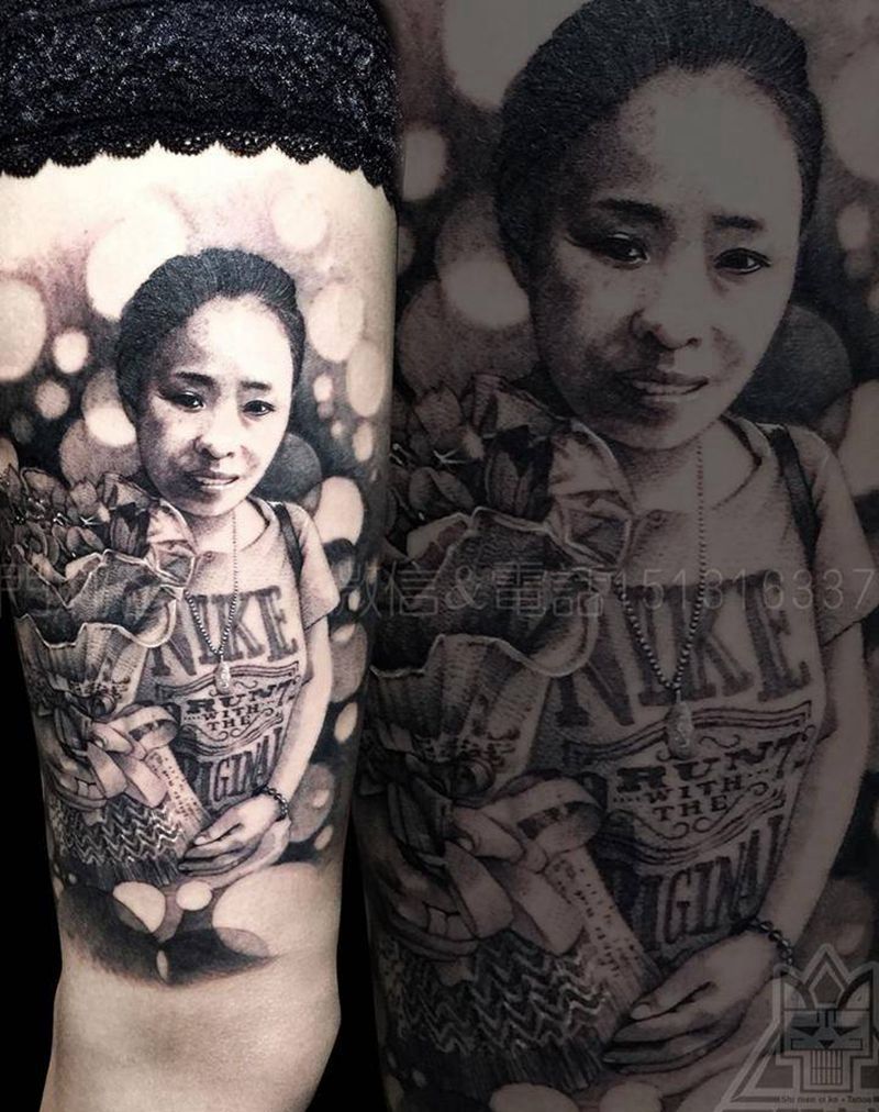 肖像纹身图片_成品腿部欧美写实肖像人物纹身图案