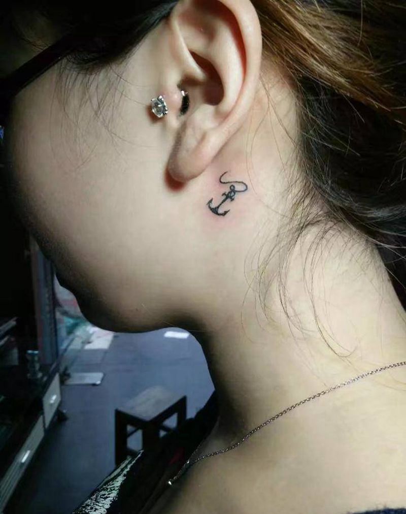 船锚纹身图片_颈部图腾船锚纹身图案