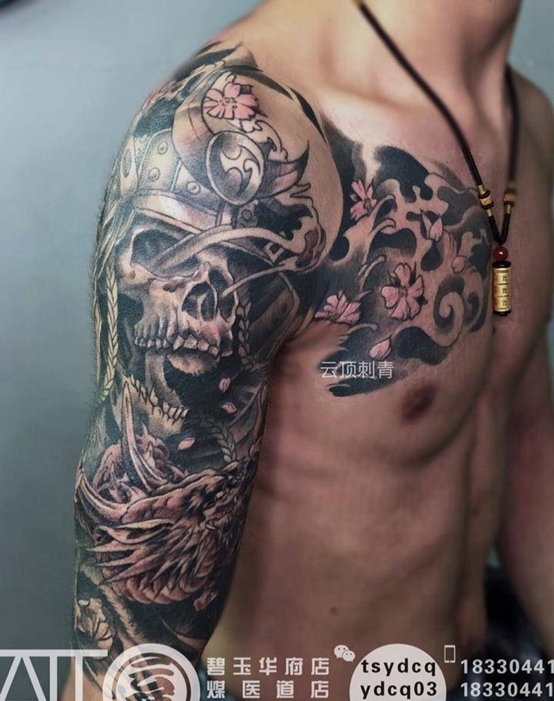 鬼武士半胛纹身图片_手臂胸部新传统鬼武士纹身图案