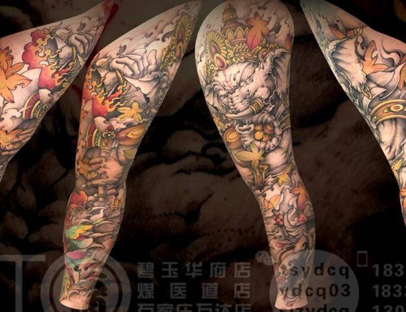 象神花腿纹身图片_成品腿部传统植物鬼神宗教静物动物原创纹身图案