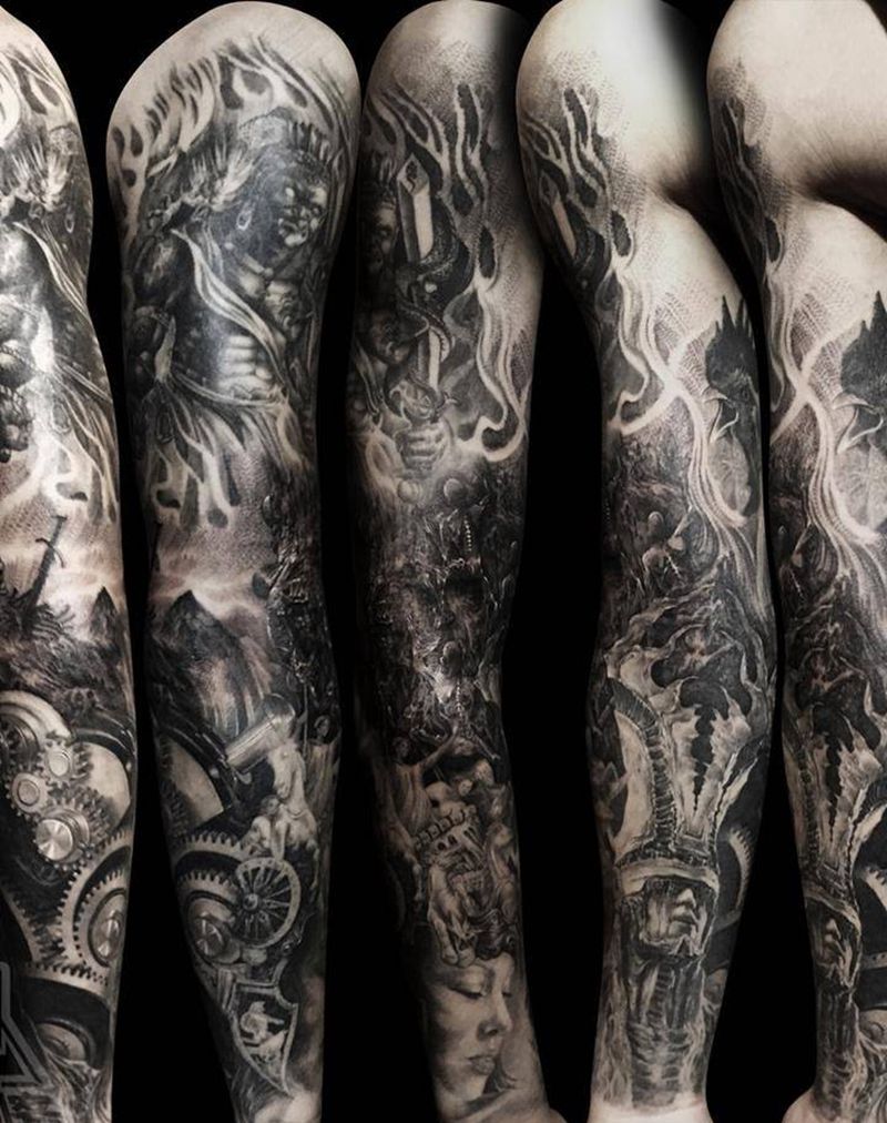 花臂纹身图片_成品手臂欧美写实肖像动物鬼神人物静物宗教纹身图案