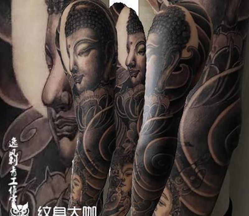 佛渡纹身图片_手臂新传统佛花花臂纹身图案