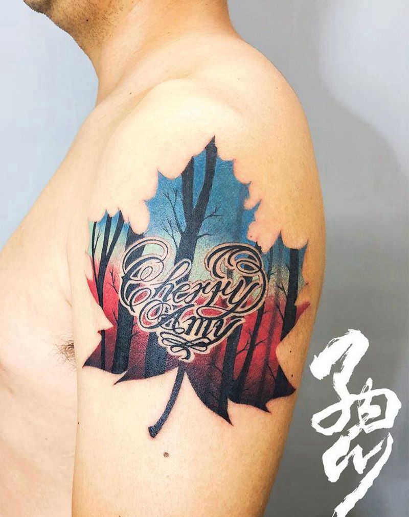 梧桐叶与奇卡诺英文纹身图片_成品手臂欧美贴纸植物原创重彩奇卡诺CHICANOschool纹身图案