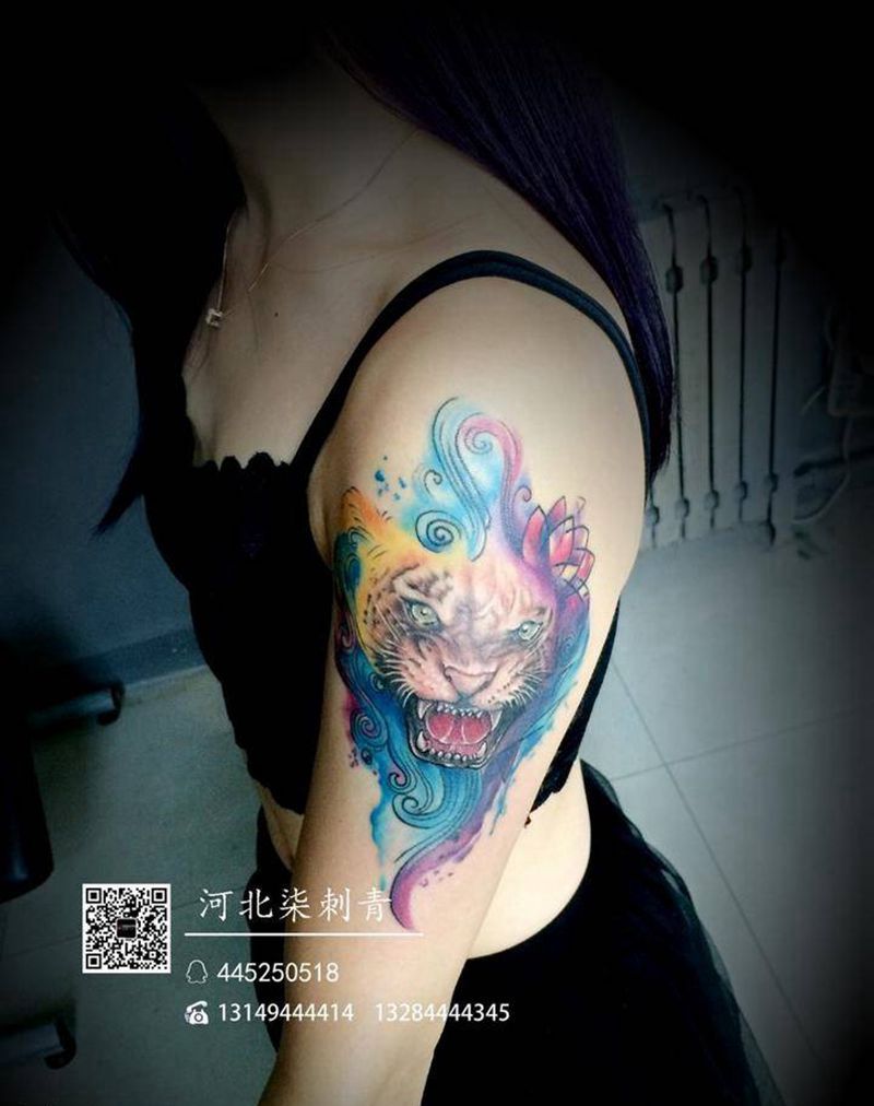 彩色虎头恢复后纹身图片_成品手臂传统动物纹身图案