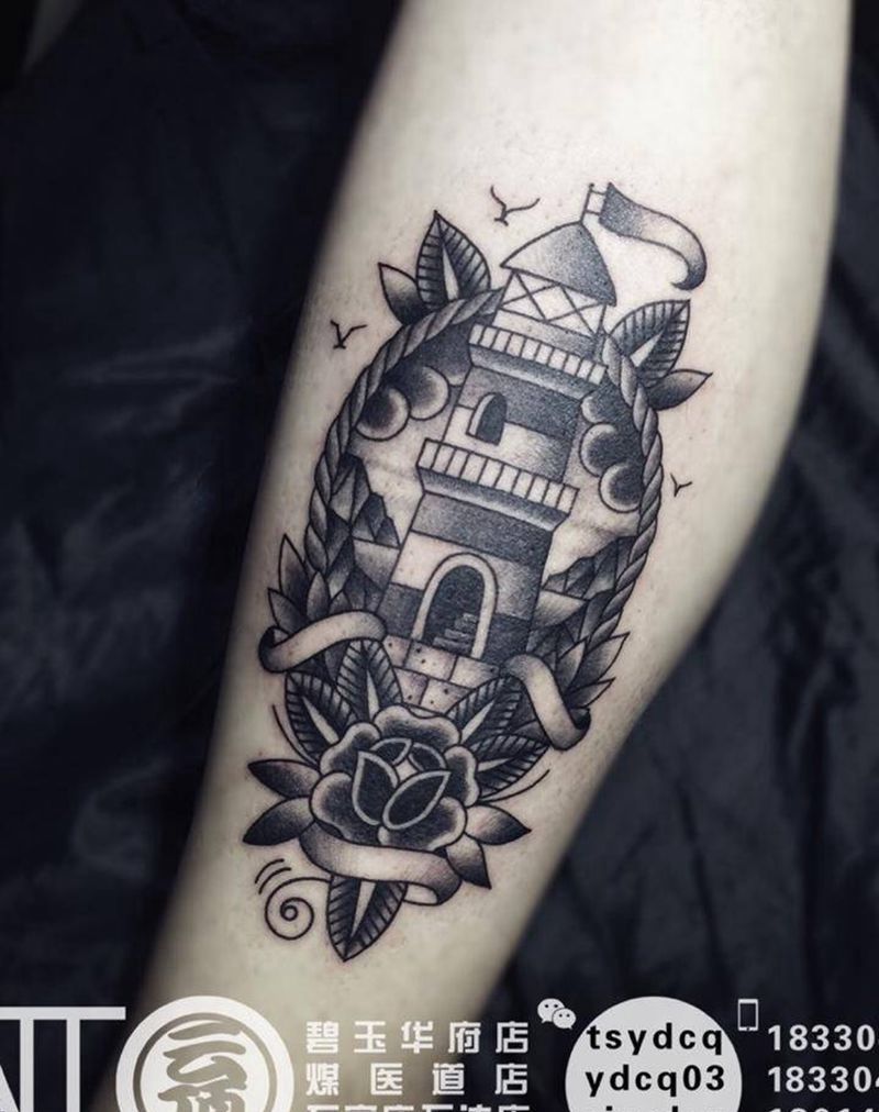 灯塔纹身图片_成品腿部欧美静物原创纹身图案